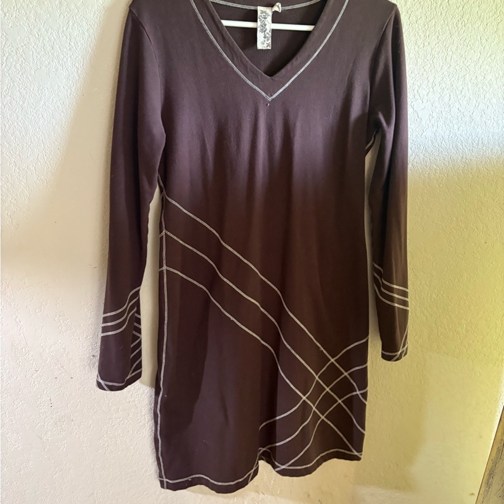 Brown Long Sleeve Dress with White Accents